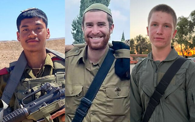 L-R: Staff Sgt. Shoham Menahem, Sgt. Shlomo Yakir Shrem and Sgt. Yuliy Faktor, who were killed during fighting in northern Gaza on July 14, 2025. (Israel Defense Forces)