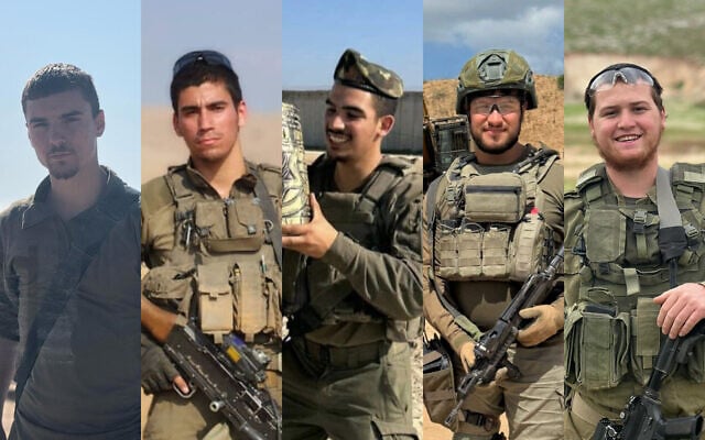Soldiers killed in northern Gaza's Beit Hanoun on July 7, 2025: (L-R) Staff Sgt. Meir Shimon Amar, Sgt. Moshe Nissim Frech, Staff Sgt. Noam Aharon Musgadian, Sgt. First Class (res.) Benyamin Asulin, Staff Sgt. Moshe Shmuel Noll. (Courtesy)