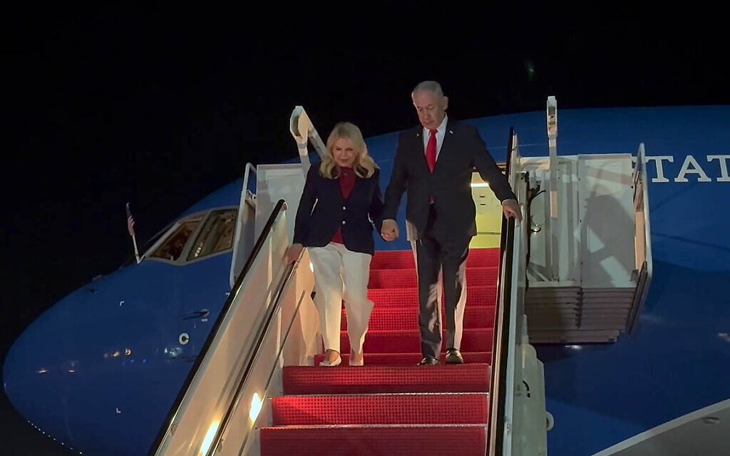 Prime Minister Benjamin Netanyahu and his wife Sara disembark at Joint Base Andrews outside of Washington, DC on July 7, 2025 (Screen grab)
