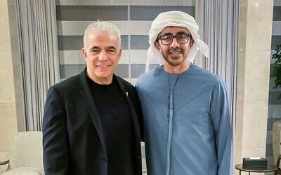Opposition leader Yair Lapid, left, with UAE Foreign Minister Abdullah bin Zayed Al Nahyan in the Emirati capital, Abu Dhabi, July 3, 2025. (X/Yair Lapid)