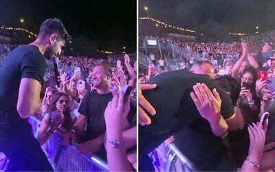 Israeli singer Idan Amedi reunites with Tuvia Book, the combat medic who administered emergency treatment when he was injured during fighting in Gaza last year, at the Hutzot Hayotzer music festival in Jerusalem, August 16, 2025. (Screenshot: X, used in accordance with Clause 27a of the Copyright Law)
