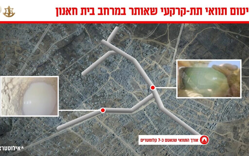 This illustration shows an approximate map of a Hamas tunnel network in northern Gaza's Beit Hanoun, in a graphic issued by the IDF on August 15, 2025. (Israel Defense Forces)