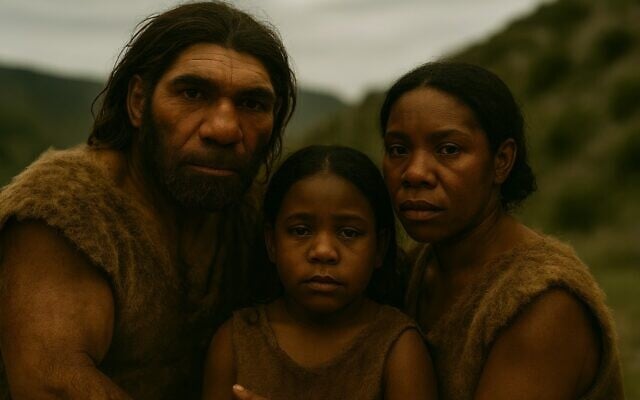 AI reconstruction of a mixed Neanderthal-Homo sapiens family.