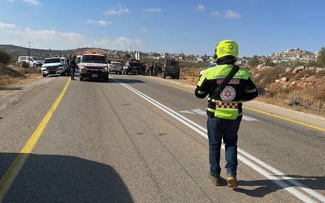 A paramedic at the scene of a shooting attack in the West Bank on August 21, 2025. (Magen David Adom)