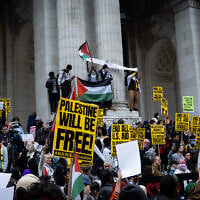 Illustrative: An anti-Israel protest led by high school students, in New York City, November 9, 2023. (Luke Tress/Times of Israel)