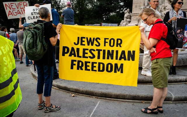 Illustrative: Leftist Jews protest against the war in Gaza, in New York City, August 4, 2025. (Luke Tress/Times of Israel) Illustrative: Leftist Jews protest against the war in Gaza, in New York City, August 4, 2025. (Luke Tress/Times of Israel)