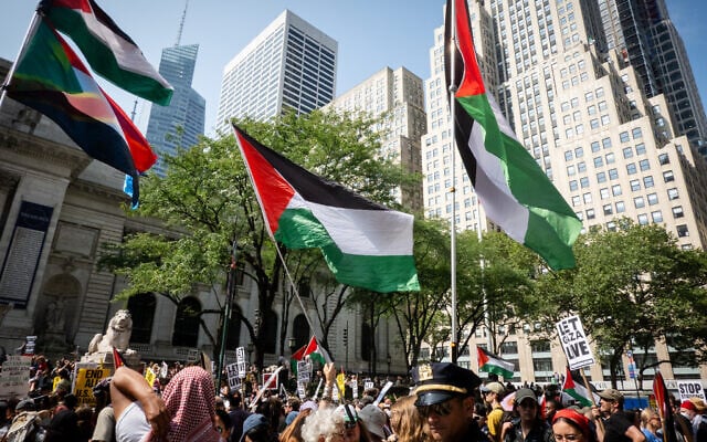 Anti-Israel protesters in New York City, August 16, 2025. (Luke Tress/Times of Israel) Anti-Israel protesters in New York City, August 16, 2025. (Luke Tress/Times of Israel)