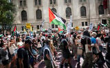 Anti-Israel protesters in New York City, August 16, 2025. (Luke Tress/Times of Israel)