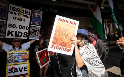Illustrative: Anti-Zionist protesters in New York City, August 16, 2025. (Luke Tress/Times of Israel)
