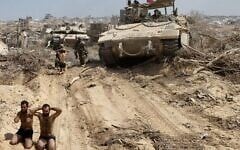 Hamas operatives surrender to IDF troops of the Givati Brigade in northern Gaza's Beit Hanoun, August 2, 2025. (Israel Defense Forces)