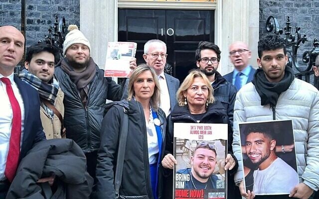 Matan Eshet, back row, second from right, and Ilay David, front, far right, cousin and brother of hostage Evyatar David, during a December 2023 mission to London (Courtesy) Matan Eshet, back row, second from right, and Ilay David, front, far right, cousin and brother of hostage Evyatar David, during a December 2023 mission to London (Courtesy)