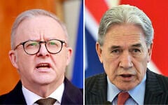 Left to right: Australian Prime Minister Anthony Albanese speaks during a press conference in Canberra on August 11, 2025. (Hilary Wardhaugh / AFP); New Zealand's Foreign Minister Winston Peters speaks to journalists during a joint press conference with his Indonesian counterpart Sugiono in Jakarta, Indonesia,, June 13, 2025. (AP Photo/Achmad Ibrahim)