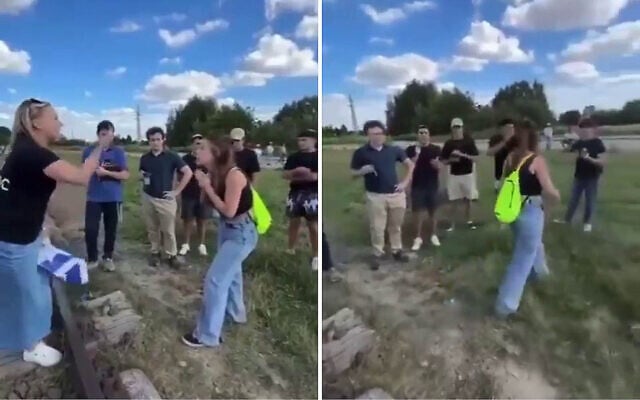 Footage shared to social media shows Charlotte Korchak, a guide of a youth group from Miami, being confronted for carrying an Israeli flag near the grounds of the Auschwitz Nazi concentration camp, Poland, in August 2025. (X; used in accordance with Clause 27a of the Copyright Law)