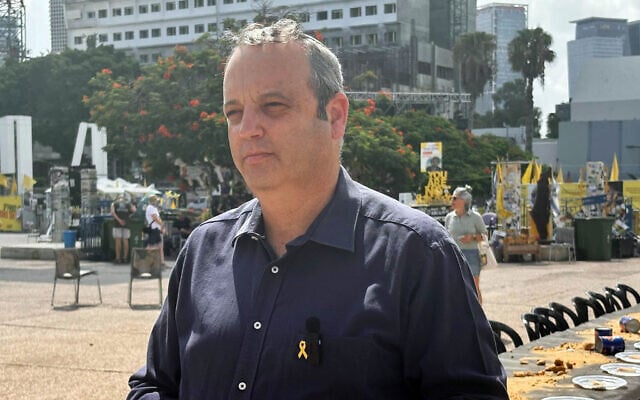 Labor MK Gilad Kariv in Hostages Square during a nationwide day of protests, on August 26, 2025. (Ariela Karmel/Times of Israel) Labor MK Gilad Kariv in Hostages Square during a nationwide day of protests, on August 26, 2025. (Ariela Karmel/Times of Israel)