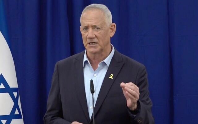 MK Benny Gantz, leader of the Blue and White-National Unity party, speaks during a press conference on August 23, 2025. (Facebook screenshot) MK Benny Gantz, leader of the Blue and White-National Unity party, speaks during a press conference on August 23, 2025. (Facebook screenshot)