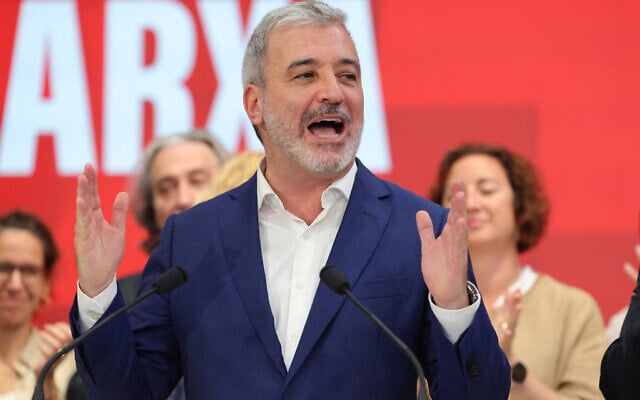 Now-mayor of Barcelona, Jaume Collboni speaks at the headquarters of the Socialist Party of Catalonia (PSC) in Barcelona on May 28, 2023 after the local and regional elections held in Spain. (Lluis Gene/AFP)