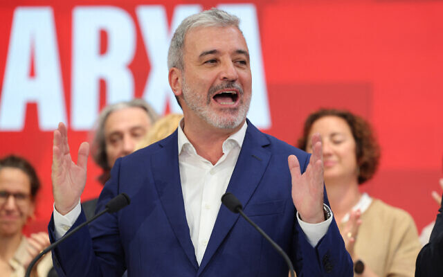 Now-mayor of Barcelona, Jaume Collboni speaks at the headquarters of the Socialist Party of Catalonia (PSC) in Barcelona on May 28, 2023 after the local and regional elections held in Spain. (Lluis Gene/AFP)