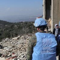 UNIFIL forces inspect damage in the village of Kfarshuba in southern Lebanon on February 17, 2025. (Rabih DAHER / AFP)