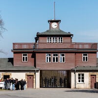 Visitors queue at the main gate of the former Buchenwald Nazi concentration camp memorial site, on April 3, 2025. (JENS SCHLUETER / AFP)