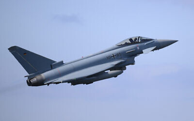 A German Luftwaffe Eurofighter EF-2000 Typhoon jet fighter takes off during the NATO's Ramstein Flag 2025 exercise at Leeuwarden Air Base on April 8, 2025. (JOHN THYS / AFP)