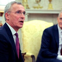 Norway's Finance Minister Jens Stoltenberg delivers remarks during an Oval Office meeting with Norway's Prime Minister Jonas Gahr Store (R) and US President Donald Trump in the Oval Office at the White House on April 24, 2025, in Washington, DC. (CHIP SOMODEVILLA / Getty Images via AFP)