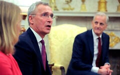 Norway's Finance Minister Jens Stoltenberg delivers remarks during an Oval Office meeting with Norway's Prime Minister Jonas Gahr Store (R) and US President Donald Trump in the Oval Office at the White House on April 24, 2025, in Washington, DC. (CHIP SOMODEVILLA / Getty Images via AFP)
