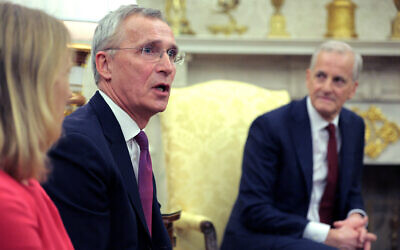 Norway's Finance Minister Jens Stoltenberg delivers remarks during an Oval Office meeting with Norway's Prime Minister Jonas Gahr Store (R) and US President Donald Trump in the Oval Office at the White House on April 24, 2025, in Washington, DC. (CHIP SOMODEVILLA / Getty Images via AFP)