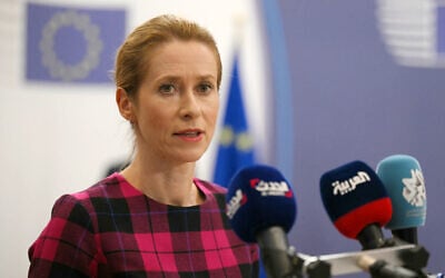 Kaja Kallas, the European Union's high representative for foreign affairs and security policy and vice president of the European Commission talks to journalists before the EU-Southern Neighbourhood Ministerial Meeting in Brussels on July 14, 2025 (NICOLAS TUCAT / AFP)
