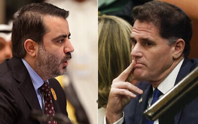 This combination of pictures created on July 25, 2025, shows Syrian Foreign Minister Asaad al-Shaibani (L) and Israel's Strategic Affairs Minister Ron Dermer. (AFP)
