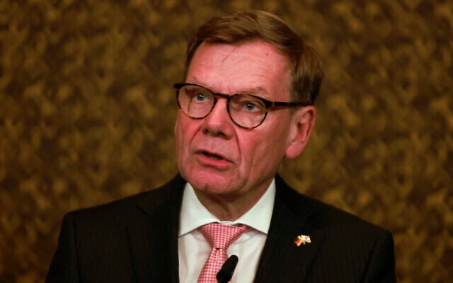 German Foreign Minister Johann Wadephul delivers a statement to the press in Jerusalem on July 31, 2025. (Menahem KAHANA / AFP) German Foreign Minister Johann Wadephul delivers a statement to the press in Jerusalem on July 31, 2025. (Menahem KAHANA / AFP)