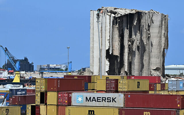 A picture shows a view of the destroyed Beirut port silos on August 1, 2025, as Lebanon prepares to mark the 5th anniversary of the August 4 harbor explosion that killed more than 250 people and injured thousands. (Joseph EID / AFP)