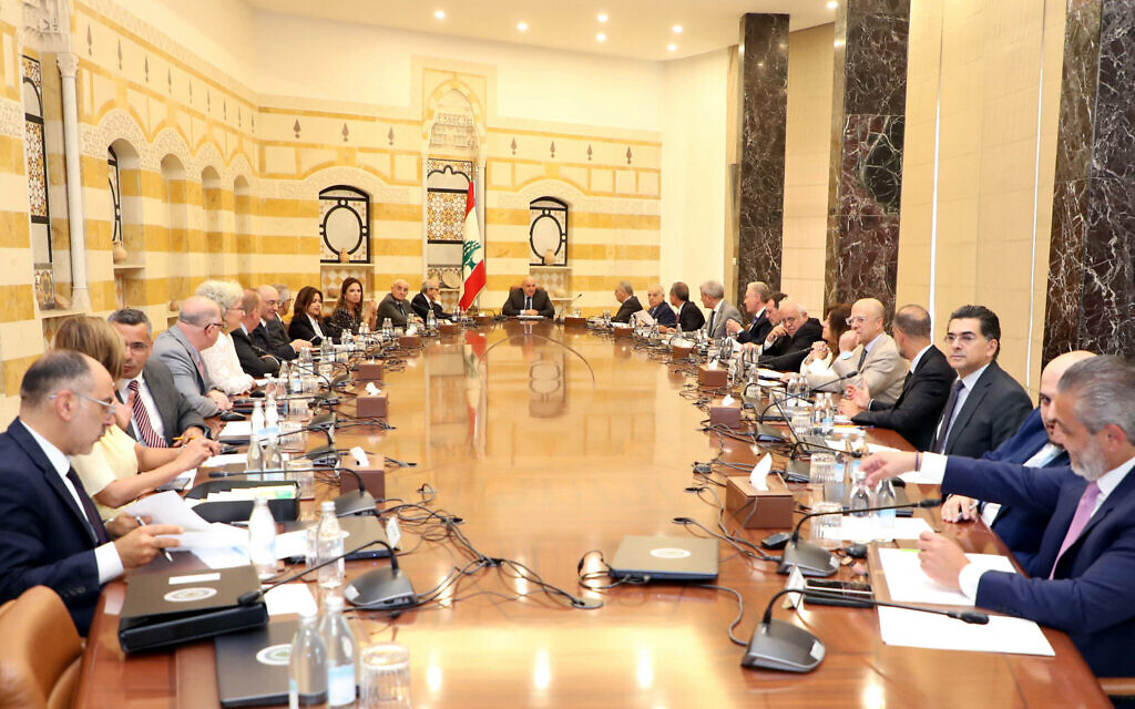 Lebanon's President Joseph Aoun heading a cabinet meeting at the presidential palace of Baabda, August 7, 2025. (Lebanese Presidency / AFP)