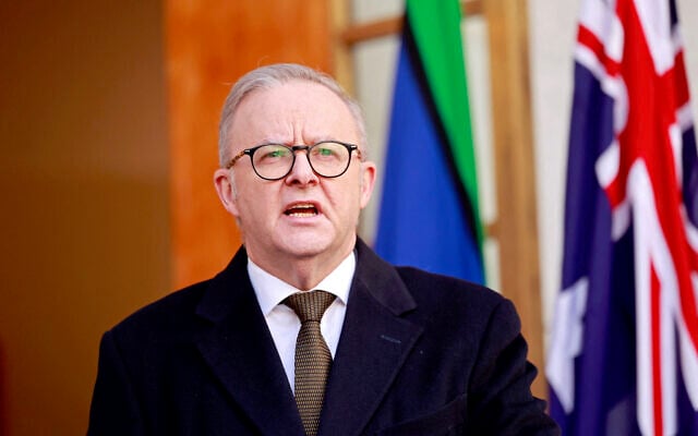 Australian Prime Minister Anthony Albanese speaks during a press conference in Canberra on August 11, 2025. (Hilary Wardhaugh / AFP)