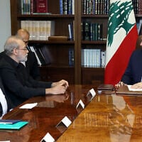 Lebanon's President Joseph Aoun meets with Iran's head of the National Security Council Ali Larijani and a delegation at the Presidential Palace in Baabda, Lebanon, on August 13, 2025. (Lebanese Presidency / AFP)