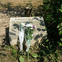 This photograph shows a memorial stele and the trunk of the olive tree, presumably cut down with a chainsaw, which was planted in 2011 in front of a memorial to Ilan Halimi, whose murder caused widespread shock in France, photo taken August 15, 2025. (Dimitar Dilkoff/AFP)
