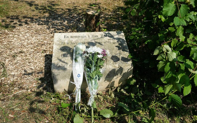 This photograph shows a memorial stele and the trunk of the olive tree, presumably cut down with a chainsaw, which was planted in 2011 in front of a memorial to Ilan Halimi, whose murder caused widespread shock in France, photo taken August 15, 2025. (Dimitar Dilkoff/AFP)