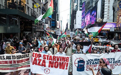 Pro-Palestinian, anti-Israel protesters participate in a "March for Humanity" against the humanitarian crisis in Gaza on August 16, 2025 in New York City. (Stephanie Keith/Getty Images/AFP)