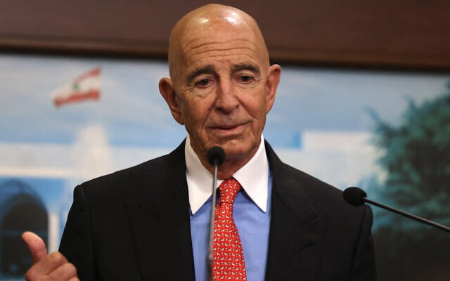 US ambassador to Turkey and special envoy for Syria and Lebanon Thomas Barrack delivers a statement following a meeting with Lebanon's president at the Presidential Palace in Baabda on August 26, 2025. (Anwar Amro/AFP)