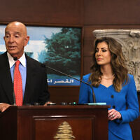 US ambassador to Turkey and special envoy for Syria Tom Barrack (L) delivers a statement, as he is accompanied by US deputy Middle East envoy Morgan Ortagus, following a meeting with Lebanon's president at the Presidential Palace in Baabda on August 26, 2025. (ANWAR AMRO / AFP)