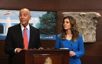 US ambassador to Turkey and special envoy for Syria Tom Barrack (L) delivers a statement, as he is accompanied by US deputy Middle East envoy Morgan Ortagus, following a meeting with Lebanon's president at the Presidential Palace in Baabda on August 26, 2025. (ANWAR AMRO / AFP)