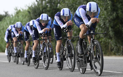Team Israel-Premier Tech's riders compete during the fifth stage of the Vuelta a Espana cycling tour on August 27, 2025. (Josep LAGO / AFP)