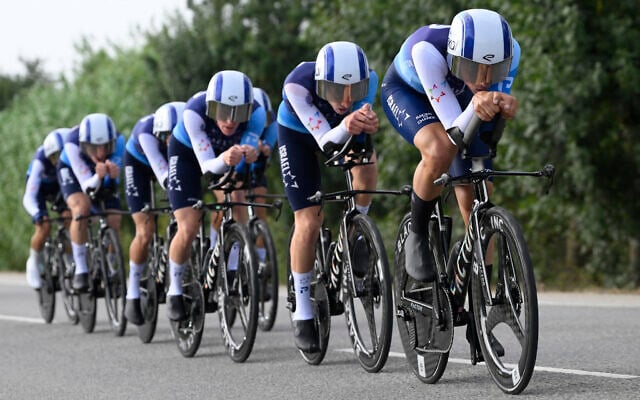 Team Israel-Premier Tech's riders compete during the fifth stage of the Vuelta a Espana cycling tour on August 27, 2025. (Josep LAGO / AFP) Team Israel-Premier Tech's riders compete during the fifth stage of the Vuelta a Espana cycling tour on August 27, 2025. (Josep LAGO / AFP)