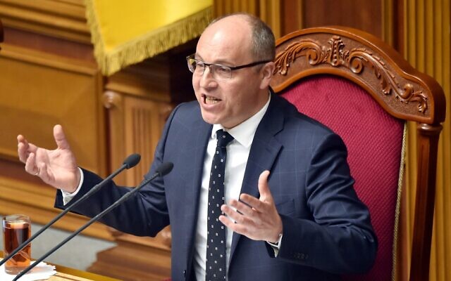 Ukrainian Parliament Speaker Andriy Parubiy gestures as he speaks to lawmakers during an extraordinary hearing of the parliament in Kiev on May 22, 2019. Ukrainian lawmaker Andriy Parubiy who formerly served as speaker of parliament was shot dead on August 30, 2025 in the western city of Lviv (Photo by Sergei SUPINSKY / AFP)