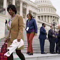 Rep.-elect Valerie Foushee, D-N.C., left, arrives for a class photo of newly-elected members of Congress on the East Front of the Capitol in Washington, Tuesday, Nov. 15, 2022. (AP/Patrick Semansky)