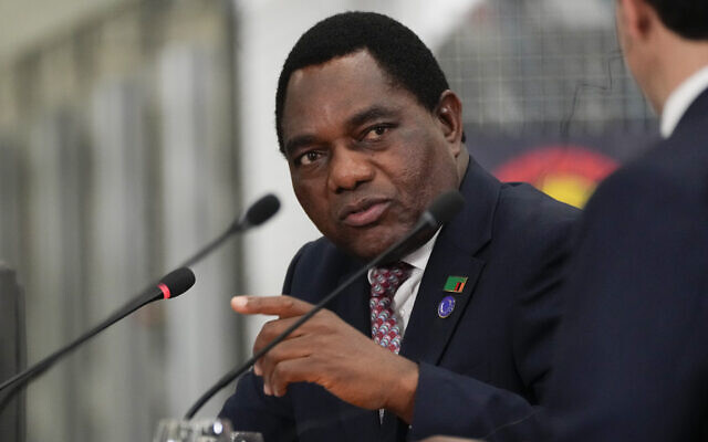 Zambian President Hakainde Hichilema speaks during the Lobito Corridor Trans-Africa Summit at the Carrinho food processing factory near Lobito, Angola, on Wednesday, Dec. 4, 2024. (AP/Ben Curtis)
