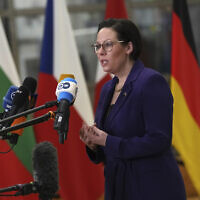 Sweden's Foreign Minister Maria Malmer Stenergard speaks with the media as she arrives for a meeting of EU foreign ministers at the European Council building in Brussels, December 16, 2024. (AP Photo/Virginia Mayo)