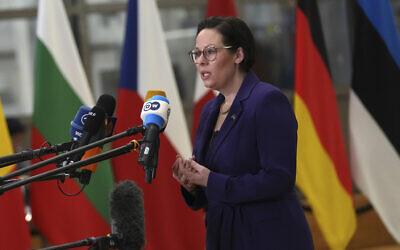 Sweden's Foreign Minister Maria Malmer Stenergard speaks with the media as she arrives for a meeting of EU foreign ministers at the European Council building in Brussels, December 16, 2024. (AP Photo/Virginia Mayo)