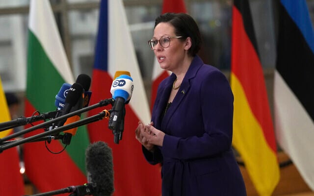 Sweden's Foreign Minister Maria Malmer Stenergard speaks with the media as she arrives for a meeting of EU foreign ministers at the European Council building in Brussels, December 16, 2024. (AP Photo/Virginia Mayo) Sweden's Foreign Minister Maria Malmer Stenergard speaks with the media as she arrives for a meeting of EU foreign ministers at the European Council building in Brussels, December 16, 2024. (AP Photo/Virginia Mayo)