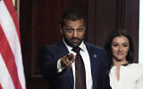 Kash Patel, director of the FBI, left, joined by partner Alexis Wilkins, February 21, 2025, at the White House campus in Washington. (AP Photo/Mark Schiefelbein)