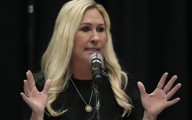 US Rep. Marjorie Taylor Greene, a Georgia Republican, speaks during a town-hall style meeting in Acworth, Georgia, April 15, 2025. (AP/Mike Stewart) US Rep. Marjorie Taylor Greene, a Georgia Republican, speaks during a town-hall style meeting in Acworth, Georgia, April 15, 2025. (AP/Mike Stewart)